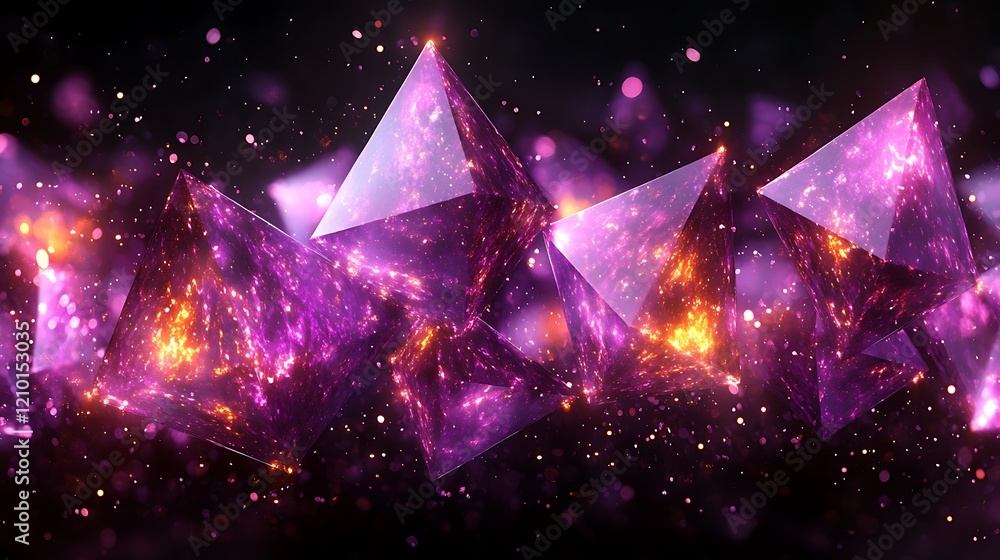 Poster cosmic geometry: intricate, glowing purple and orange crystals in the shape of pyramids float in a d