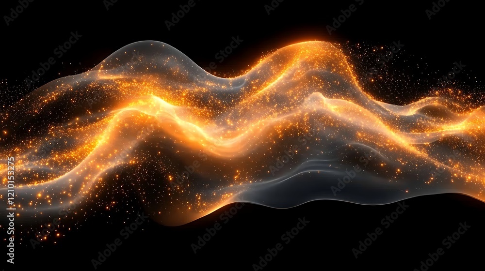 Poster amber waves of light: abstract digital art depicting a flowing wave of luminous amber particles agai