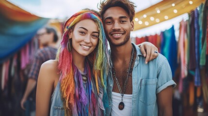 Fototapeta premium Hippie couple smiling and embracing at outdoor street market
