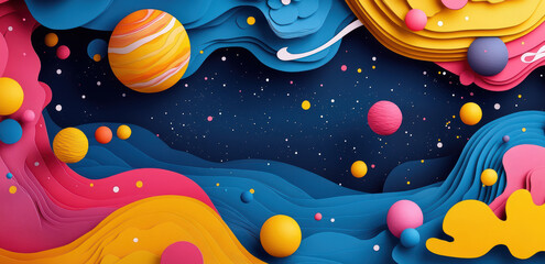 Colorful abstract space background with planets and waves