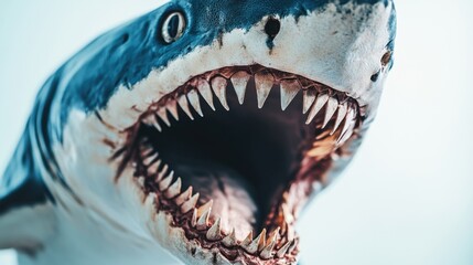 Detailed Close-Up of Model Shark with Open Jaws Isolated on White for Creative Projects and Education