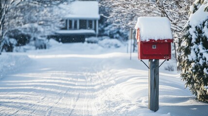 Snow-covered mailbox and house on quiet winter street