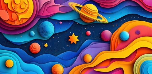 colorful paper cut art depicting planets and stars in space
