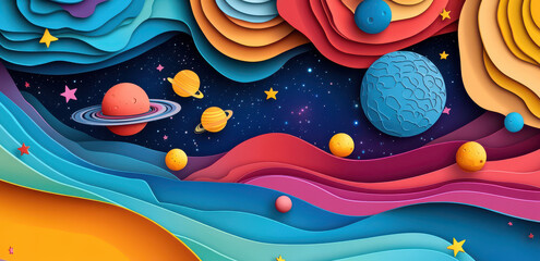 Colorful paper cut art depicting vibrant cosmic scene with planets and stars