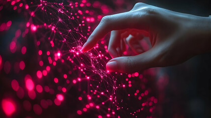 Hand Interacting with Glowing Network of Light Points, Abstract Technology Concept
