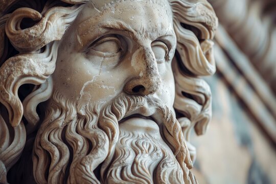 Close up view of a weathered marble statue, possibly depicting oceanus, showcasing the artistry and craftsmanship of ancient sculpture