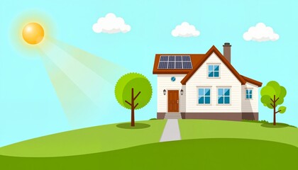 Eco-friendly solar home with green lawn under sunny sky, sustainability