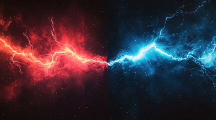Dynamic red and blue lightning bolts clash in cosmic display