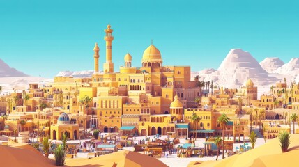 Naklejka premium Ancient arab city with market and palace in desert. Vector cartoon illustration of sandy area with traditional yellow houses, antique castle, islamic mosque buildings, palms. Travel game background