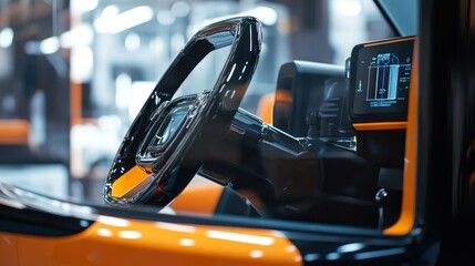 Close up of a sleek black steering wheel and digital dashboard displaying vital statistics, highlighting the modern interior of a futuristic vehicle with orange accents