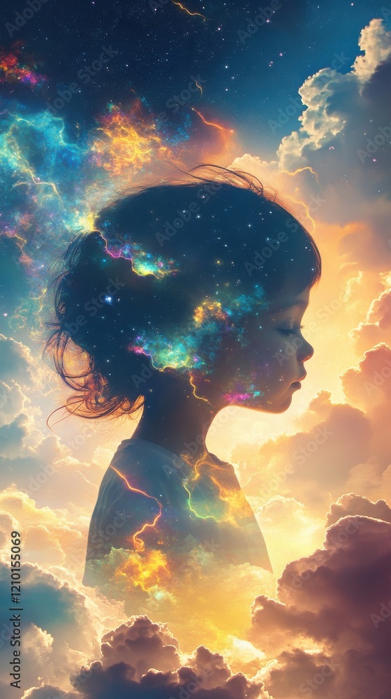 Poster Vibrant visualization of a glowing child surrounded by cosmic elements at dusk