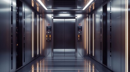 Realistic elevator cabin with closed doors inside view. Empty lift interior with chrome metal buttons and digital panel, office, hotel or dwelling indoors speedy transportation 3d vector illustration
