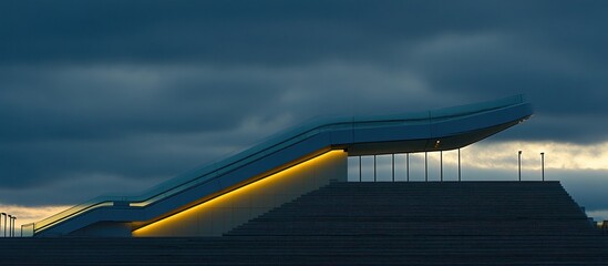 Illuminated escalator at waterfront plaza, dramatic sky