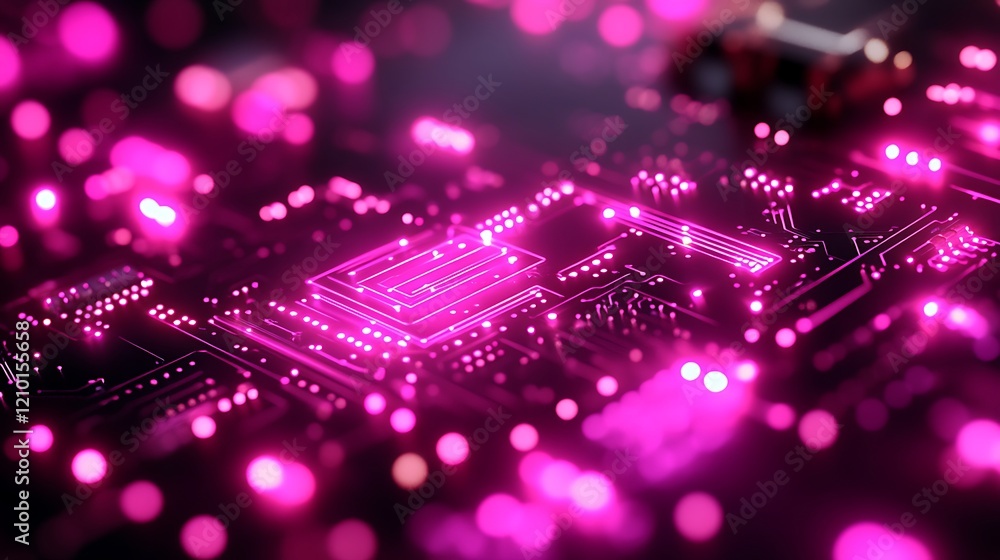 Poster circuitry glow: an intricate circuit board glows with a vibrant pink hue, illuminating the intricate