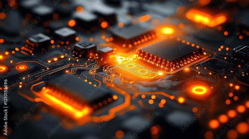 Poster circuitry glow: a close-up shot of a circuit board with glowing orange lines and microchips, showcas