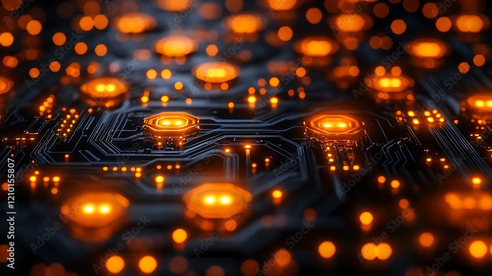 Poster circuitry symphony: a mesmerizing close-up of a circuit board, glowing with an array of warm orange 