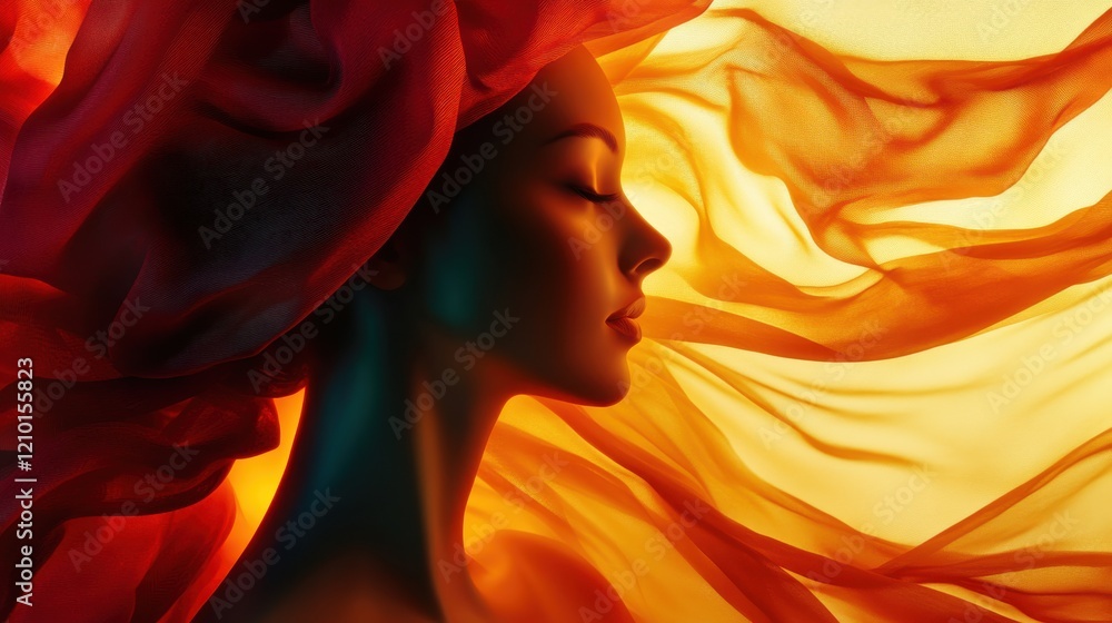 Poster surreal representation of a glowing woman with flowing fabric against a warm background