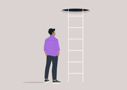 A character stands in contemplation beneath a ladder that extends upward to a dark opening, symbolizing exploration, adventure, and the allure of the unknown