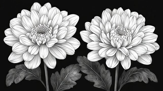 black and white chrysanthemum flowers on black background clip art preview