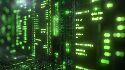 Digital Matrix: A captivating abstract backdrop of a glowing green digital matrix, suggestive of a vast network of interconnected data and a futuristic, technological world.