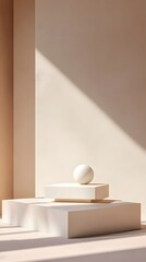 A modern, geometric podium in matte white, offering an open space, set against a soft blush-colored background for a Mother's Day showcase