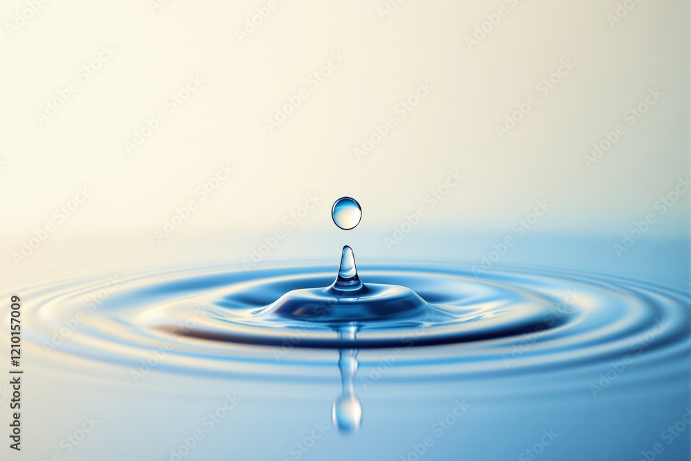 Poster a single water droplet creating ripples on a calm surface, captured with soft lighting, on a gradien