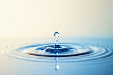 A single water droplet creating ripples on a calm surface, captured with soft lighting, on a gradient blue-beige background.
