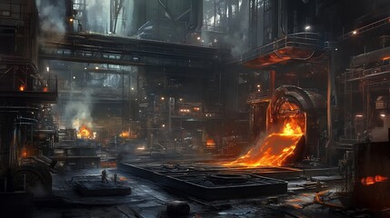 Molten Metal Flowing in Industrial Foundry Scene