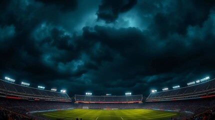 Dark storm clouds gather over a stadium filled with fans during an evening soccer match