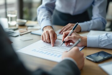 Close-up of professionals reviewing and signing documents in a collaborative workspace.