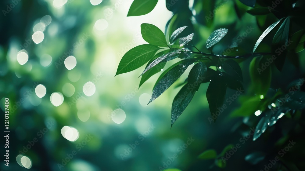 Poster sleek emerald background showcasing vibrant leaves with droplets reflecting light in a tranquil natu