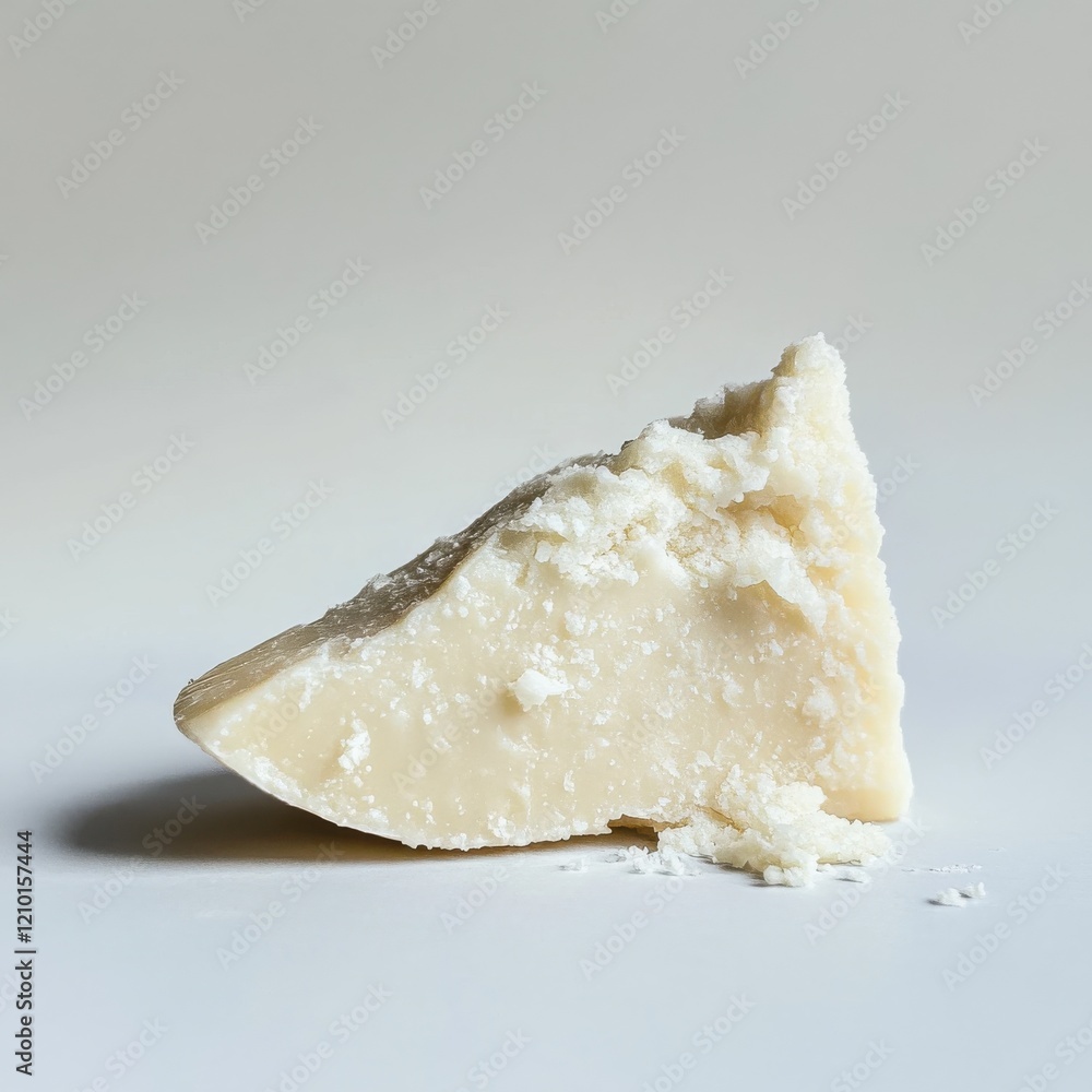 Poster wedge of parmesan cheese on a neutral background showcasing texture and details of its surface