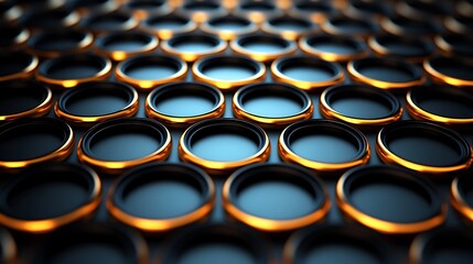 Obraz premium Gold and Black Circles: A mesmerizing pattern of sleek, metallic gold rings layered atop a deep blue background, creating a striking and visually appealing abstract design. 