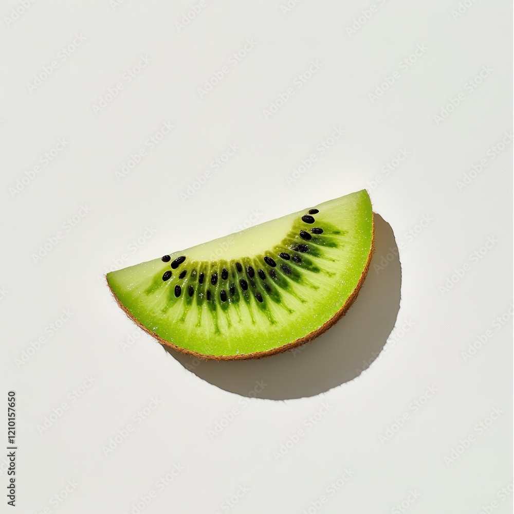 Poster Slice of vibrant green kiwi showcasing its texture and seeds against a neutral background creating a fresh and appetizing presentation