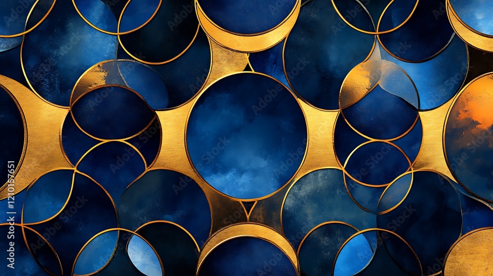 Aufkleber navy blue and gold abstract circles: an abstract artwork featuring a mesmerizing pattern of overlapp