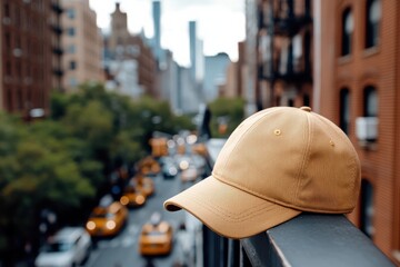 A casual yellow cap placed on a railing with a busy street view of New York's skyline and taxis in...