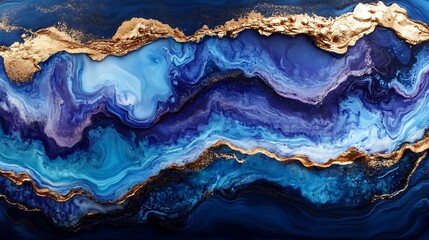 Obraz premium Abstract Blue and Gold Resin Art: Swirling shades of deep blue, light blue, and purple create a mesmerizing abstract landscape, accented by elegant gold leaf veins.