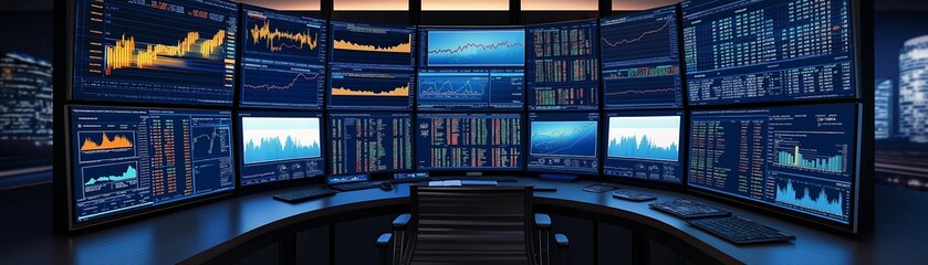 A modern high-tech workspace with multiple large screens displaying financial data.