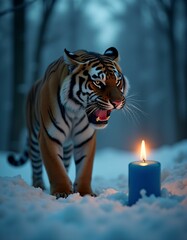 Obraz premium a tiger at the foot of a burning candle in the snowy forest