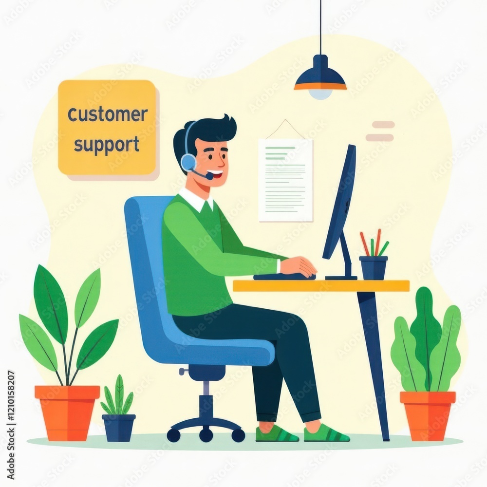 Poster a person in a green sweater engages in customer support while sitting at a desk. the workspace is br