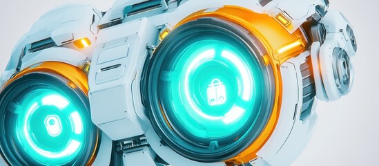 Futuristic drone scans luggage; glowing interface; white background
