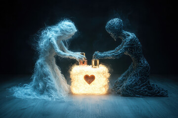 Ethereal figures in tug of war over glowing heart, symbolizing love and conflict