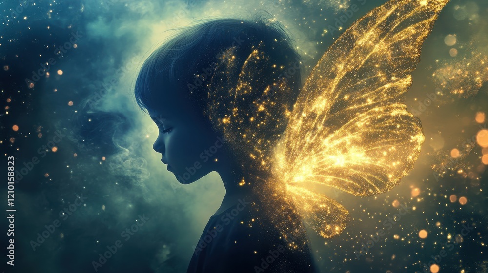 Poster charming child with glowing butterfly wings standing in a mystical environment at twilight