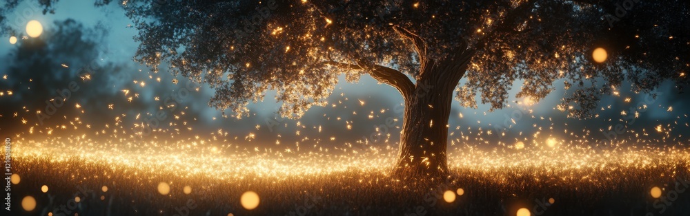 Poster serene visualization of a glowing tree illuminating a peaceful landscape at dusk with fireflies danc