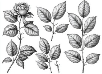 Hand-drawn, black and white branch and isolated rose leaf as a vintage engraving on white