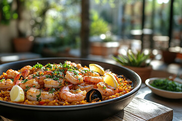 A paella dish brimming with fresh seafood, including shrimp, mussels, and clams, atop golden saffron rice, garnished with fresh herbs and lemon wedges, placed on a rustic wooden table.
