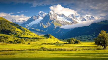 Majestic snow-capped mountains over sunlit valley, scenic landscape, travel poster