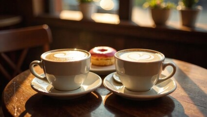 Two cups of freshly brewed coffee with heart-shaped latte art sit on a wooden table next to a colorful donut, bathed in warm sunlight streaming through cafe windows.