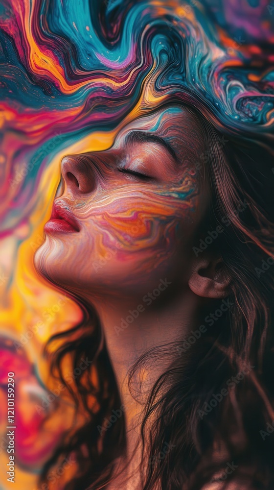 Poster woman with colorful swirls on her face expressing tranquility against a vibrant abstract background 