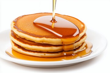 Fluffy golden pancakes with warm syrup drizzling over them on a white plate for an inviting breakfast experience